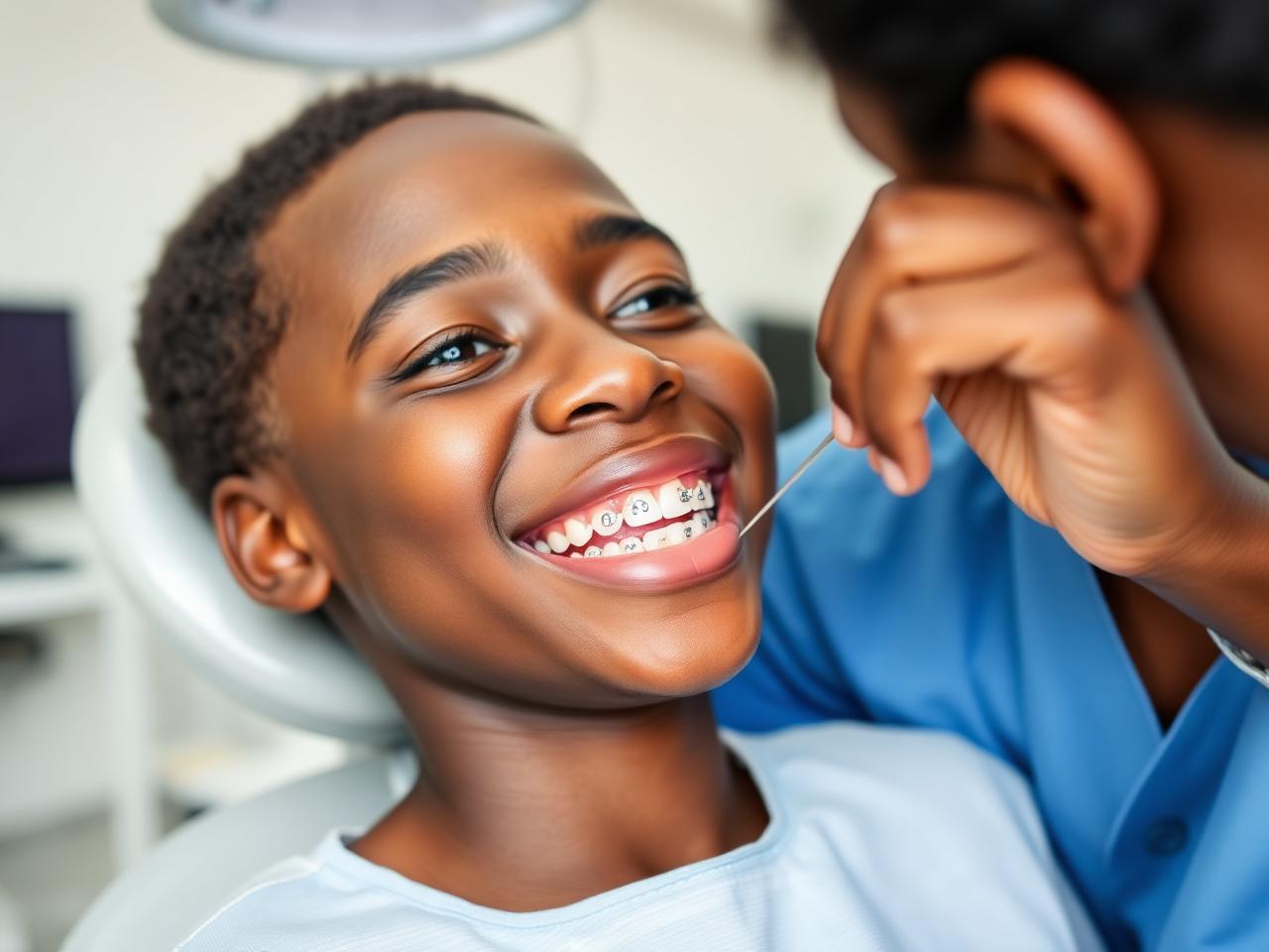 Orthodontist adjusting braces for a smiling teenage patient