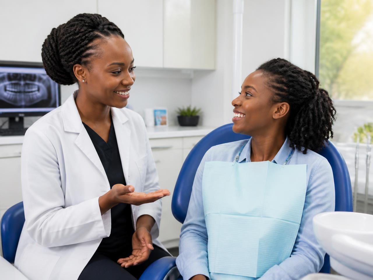 Dentist discussing a treatment plan with a smiling dental patient