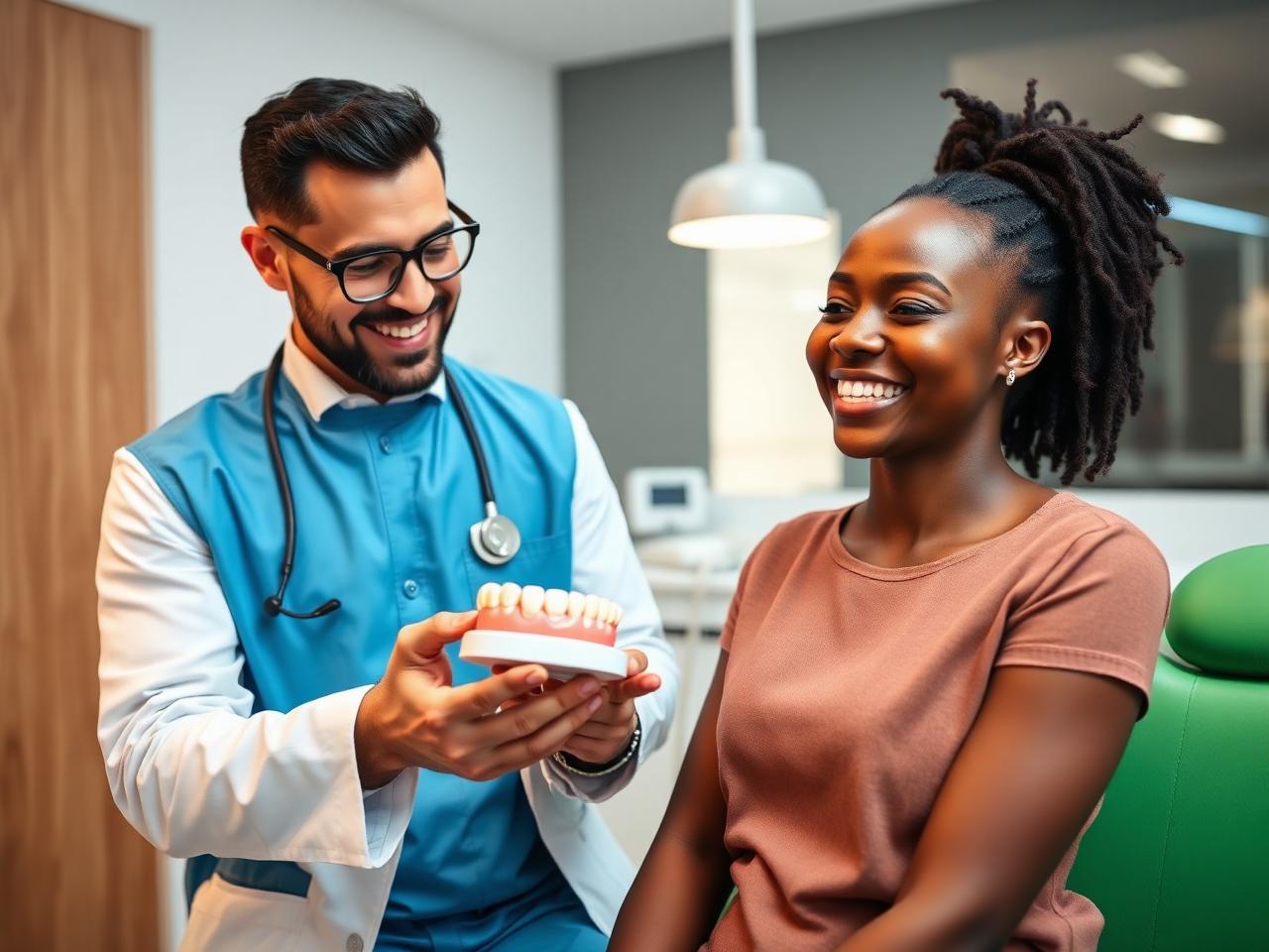 Dentist showing a crown and bridge model to a happy patient