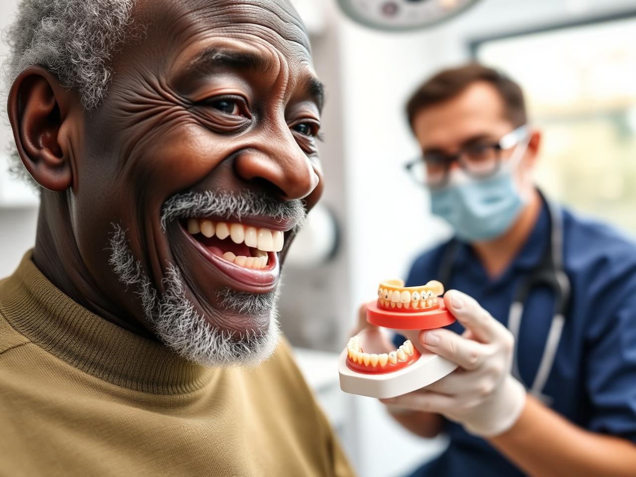 Patient smiling confidently after being fitted with comfortable dentures