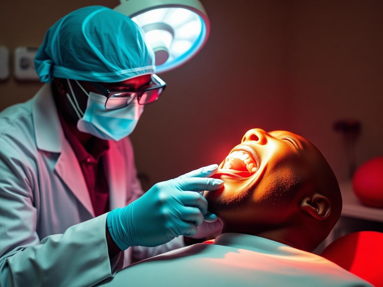Dentist providing urgent dental pain relief during a night emergency visit