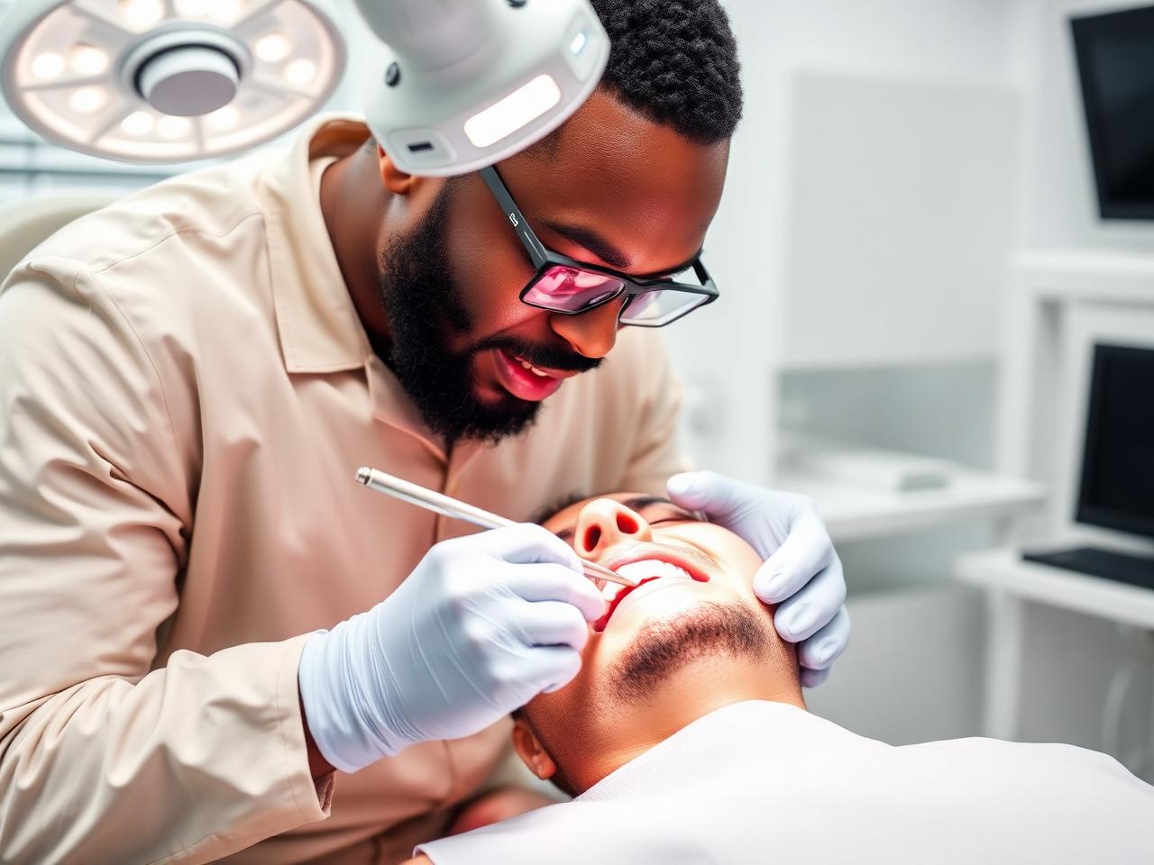 Dental surgeon performing a gentle tooth extraction on a calm patient