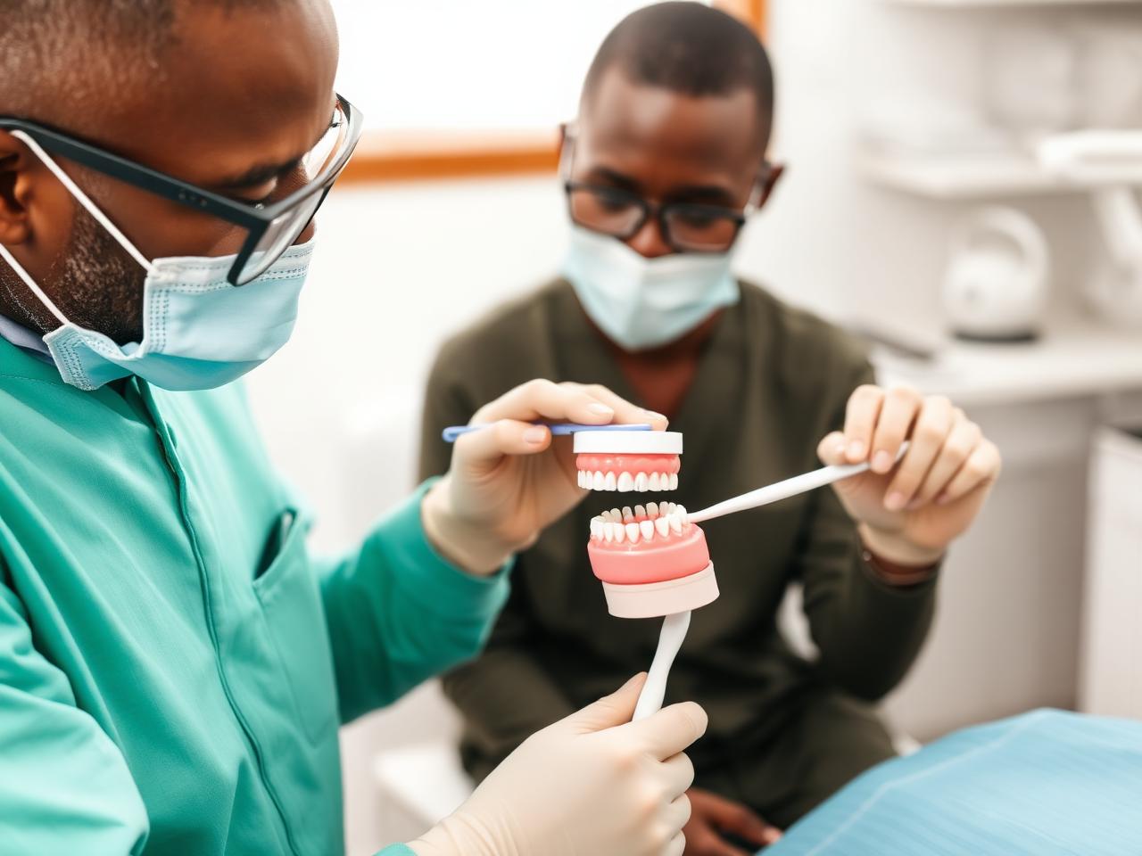 Dentist demonstrating correct brushing technique to treat and prevent gum disease
