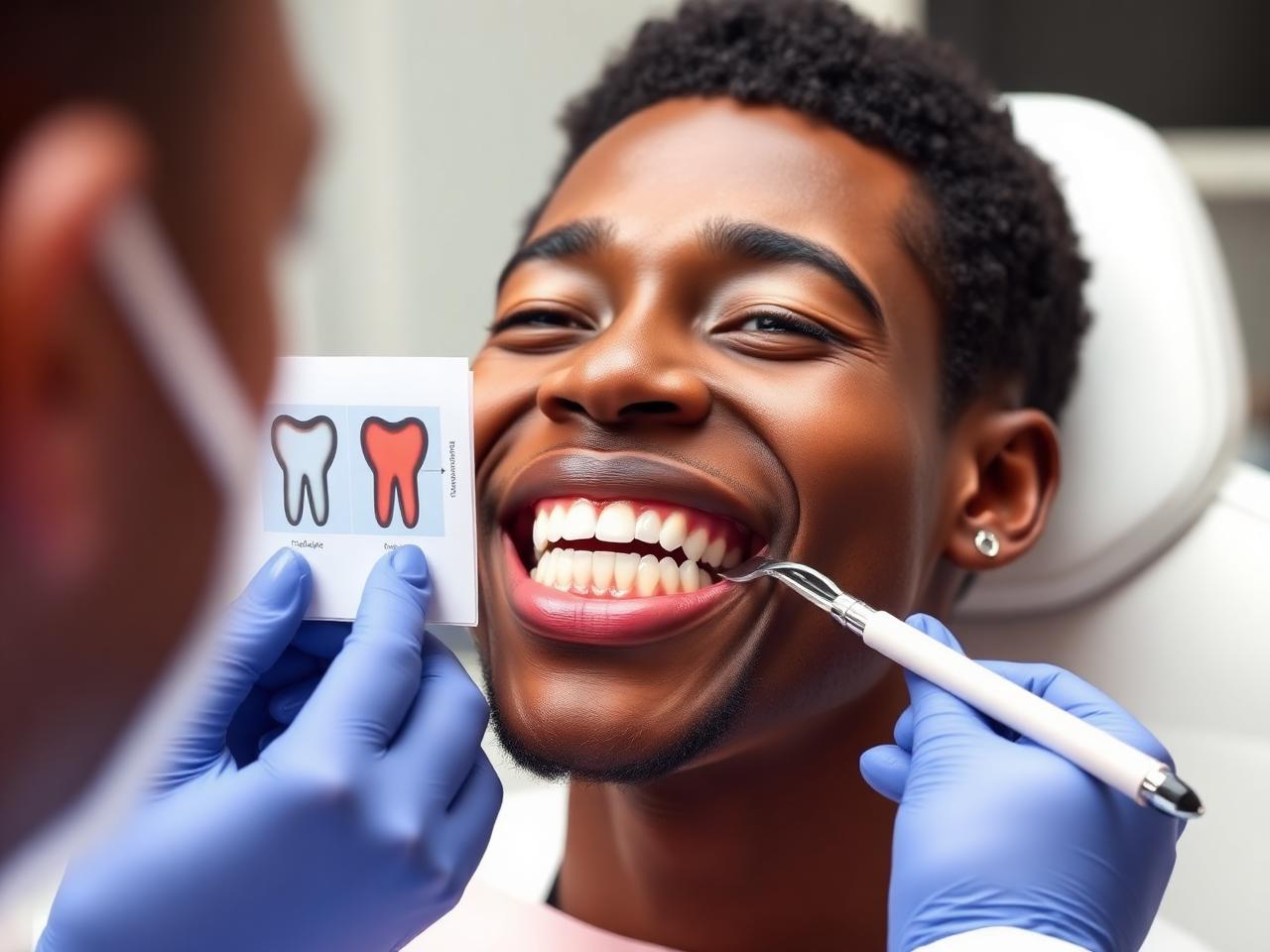 Dentist comparing tooth shades during a masking and whitening treatment