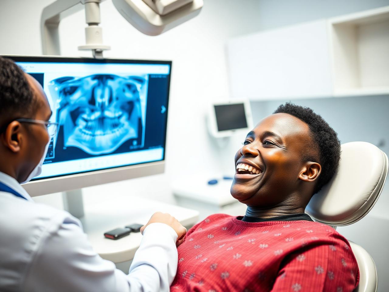 Dentist explaining root canal treatment to a relieved patient using dental X-rays