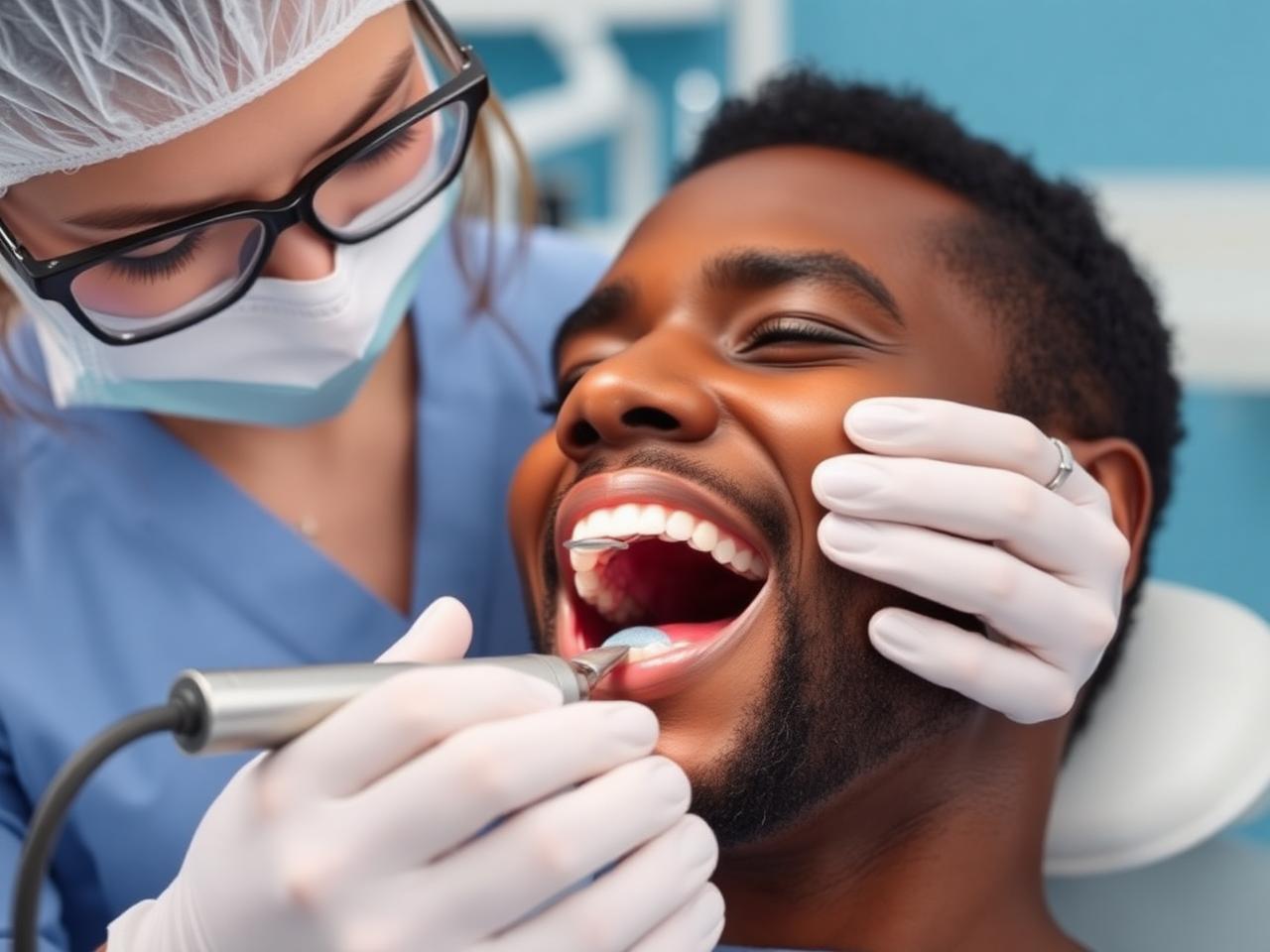 Dental hygienist scaling and polishing a patient's teeth with an ultrasonic scaler