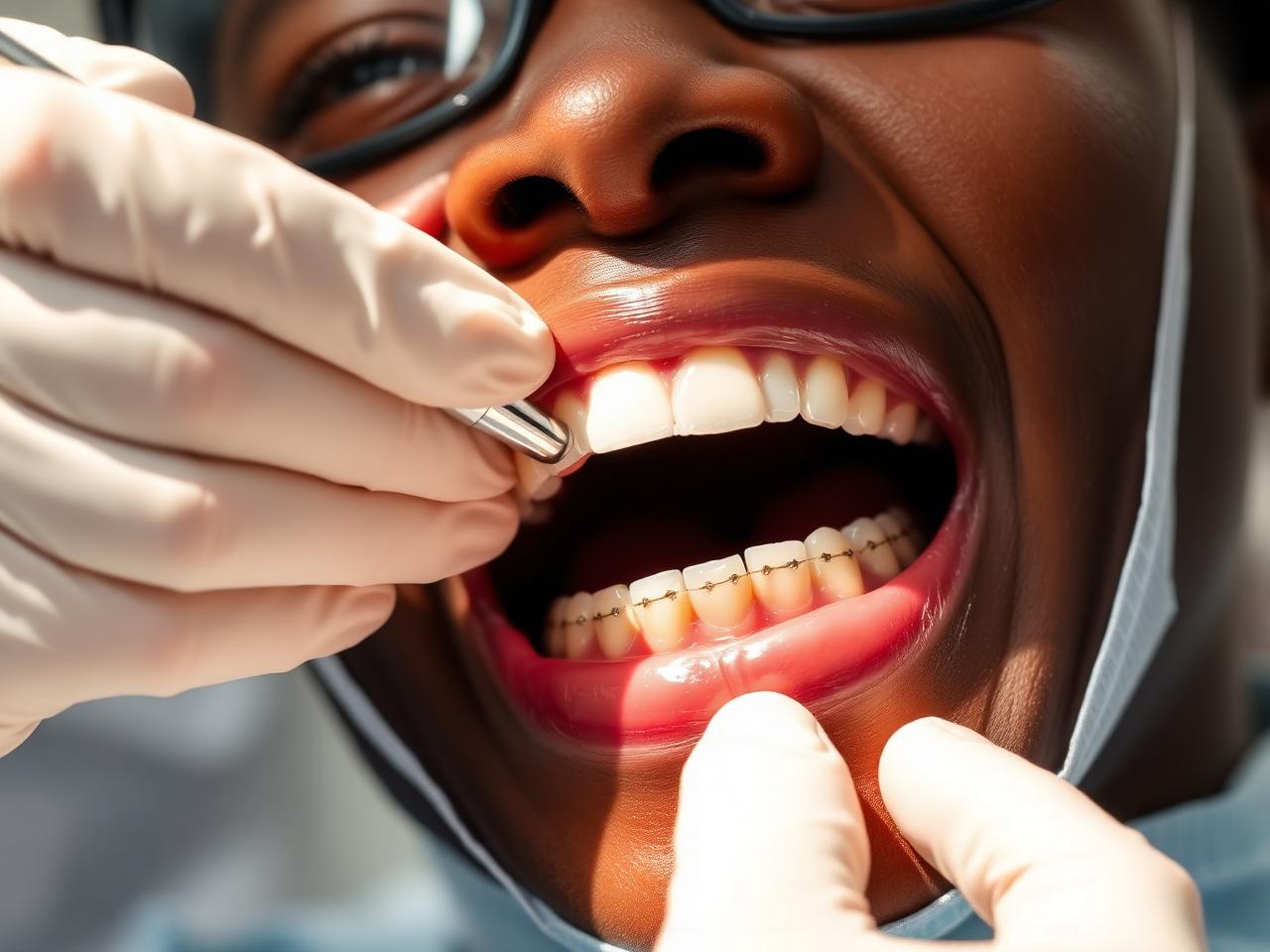 Dentist splinting loose front teeth to stabilise them