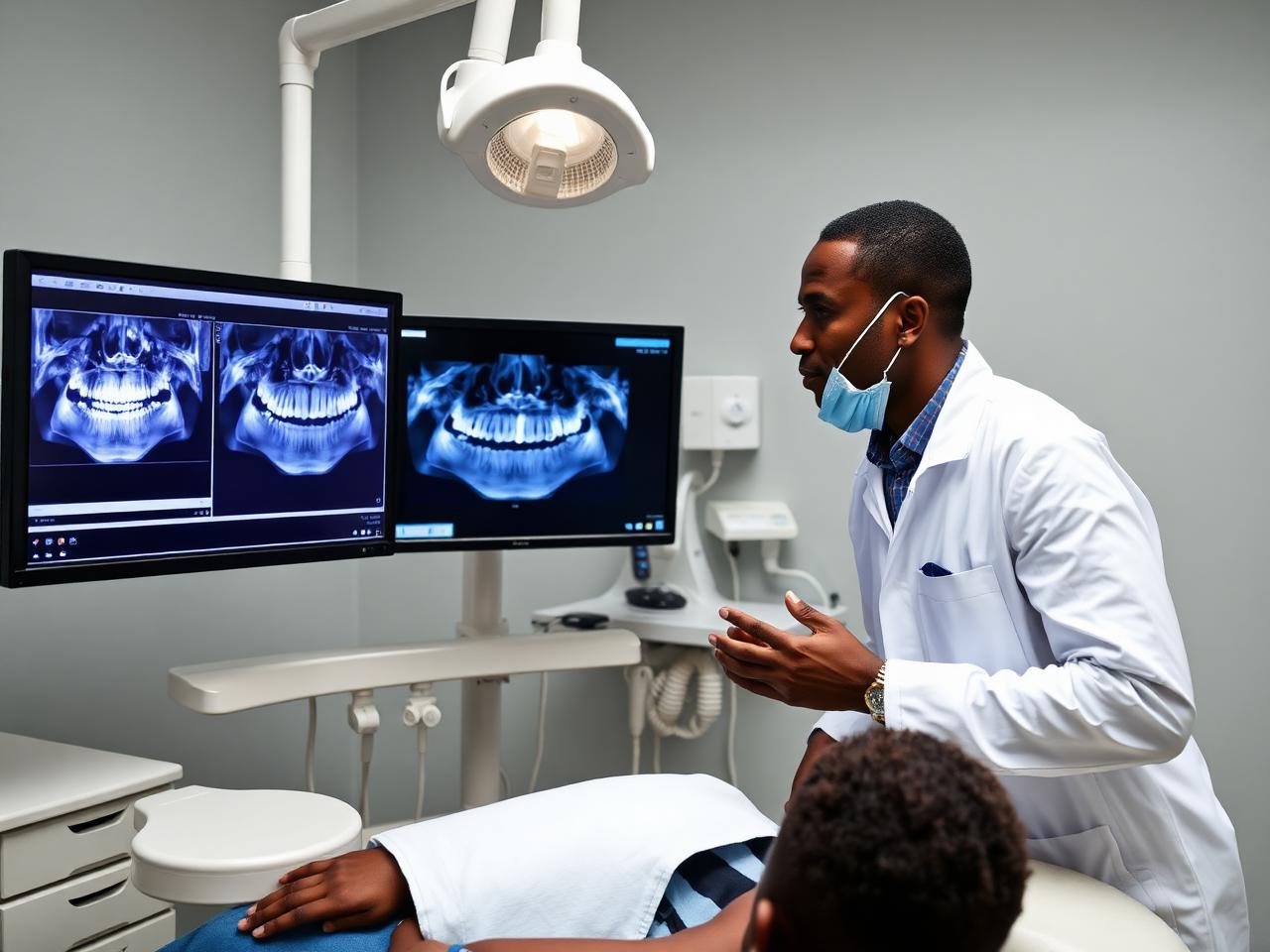 Dentist reviewing a panoramic dental X-ray with a patient to plan treatment