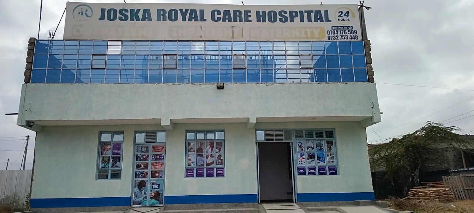 Joska Royal Care Hospital building entrance showing 24-hour outpatient, inpatient and maternity services