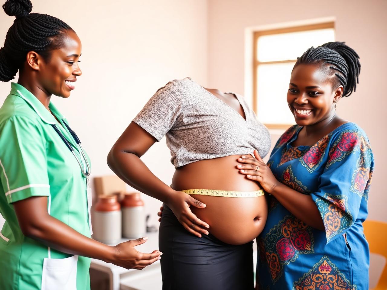 Midwife checking a smiling expectant mother during an antenatal clinic visit