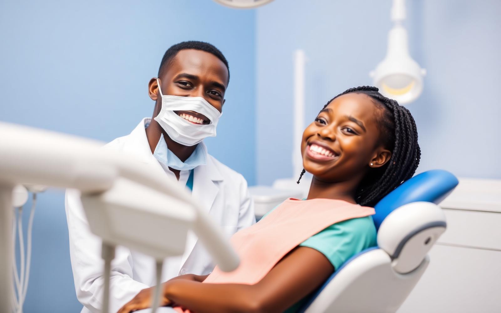 Dentist examining a smiling patient's teeth during a dental consultation