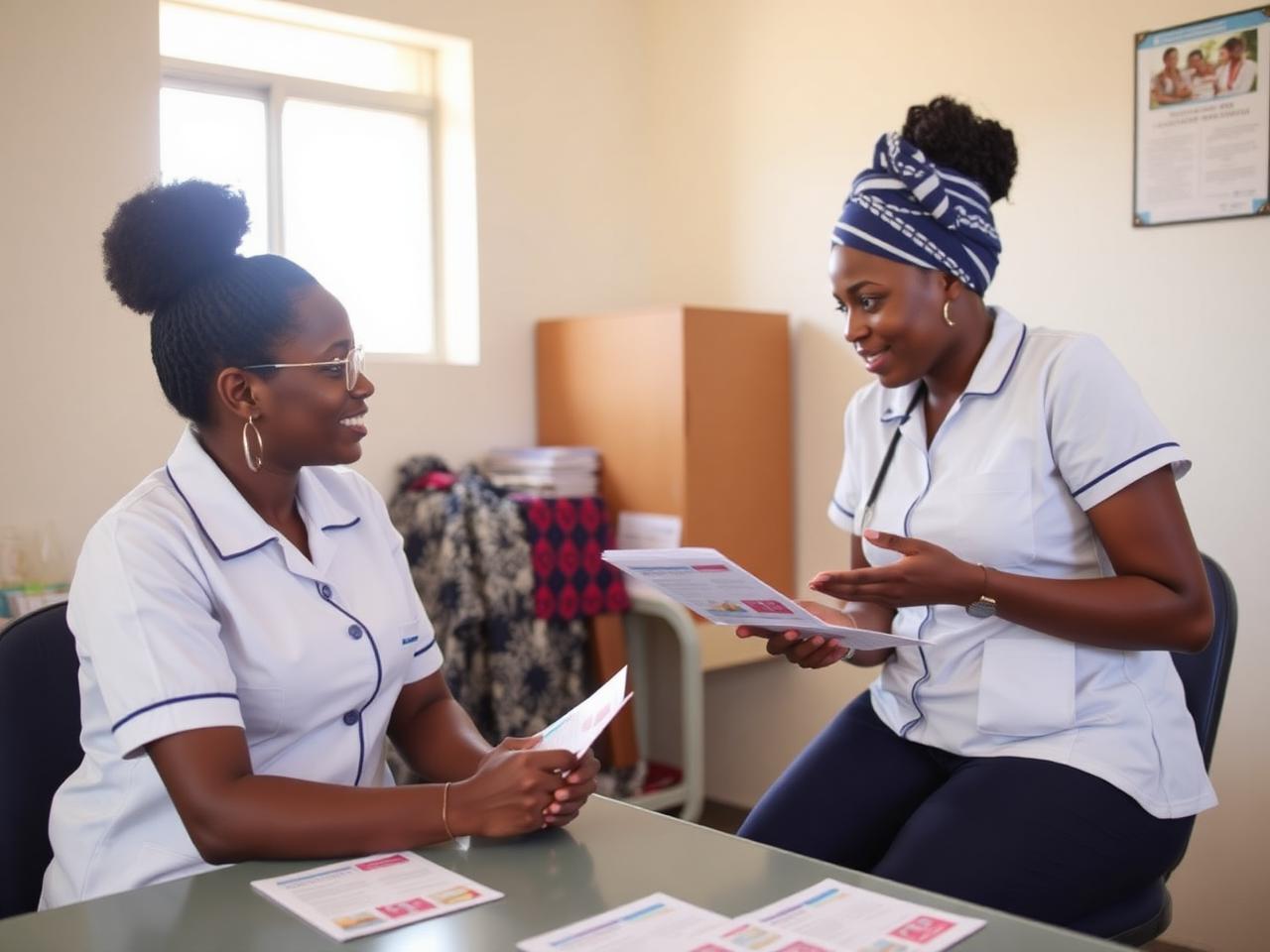 Nurse discussing family planning options with a client in a private clinic room