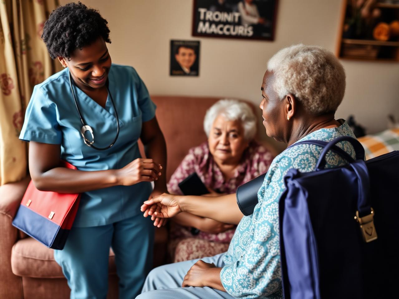 Community nurse checking an elderly patient's blood pressure during a home based care visit