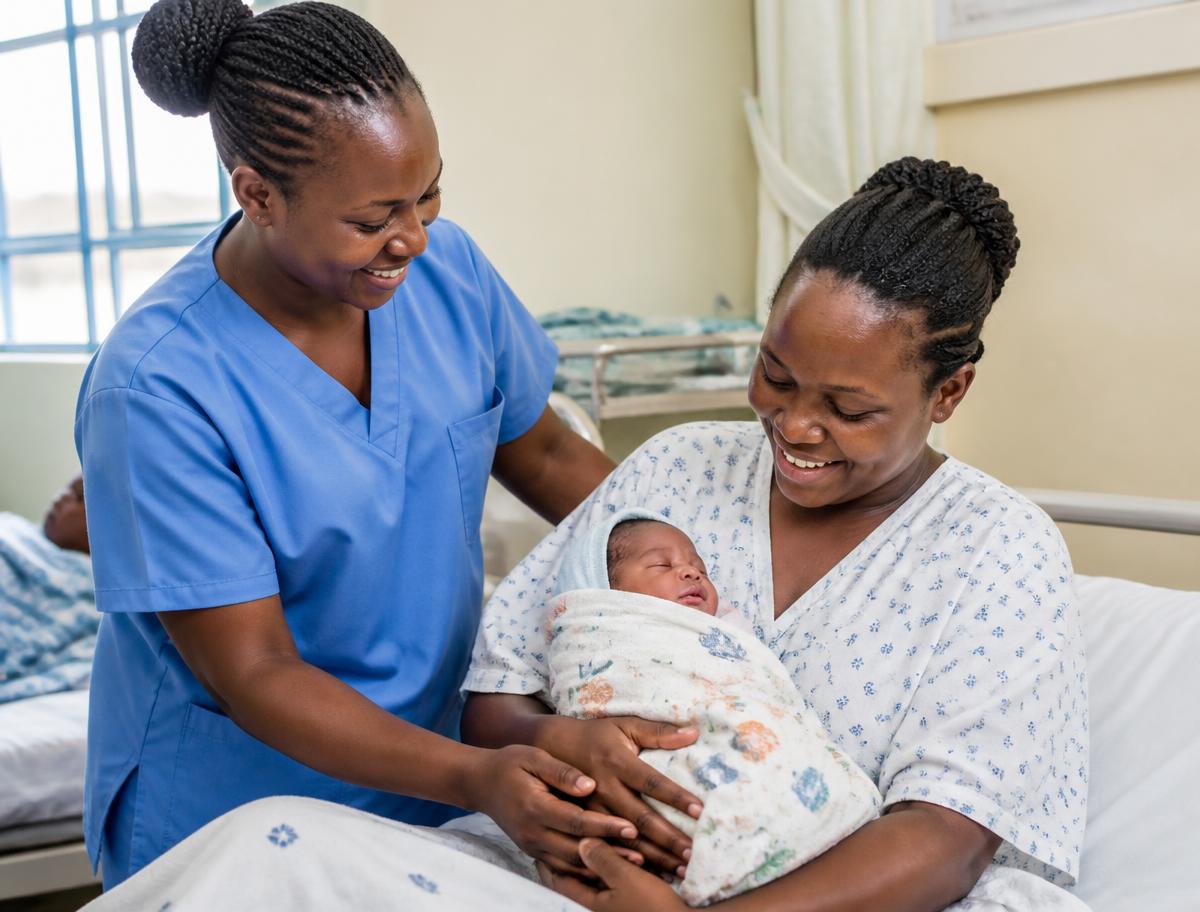 Nurse supporting a smiling new mother holding her newborn baby in the maternity ward