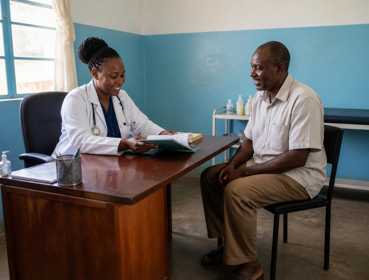 Clinician reviewing blood pressure and diabetes care with a happy patient