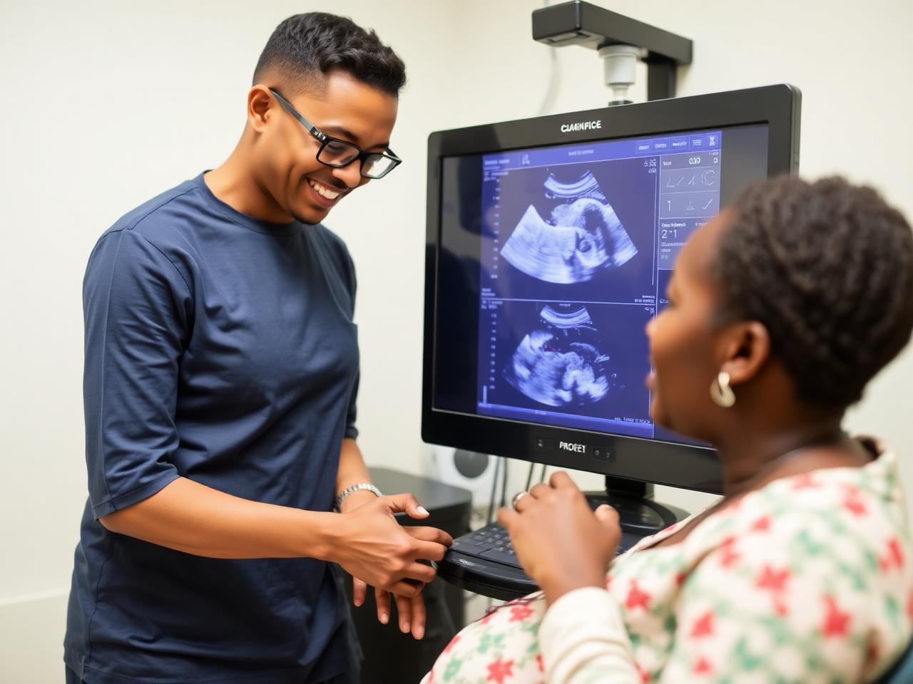 Sonographer performing an obstetric ultrasound scan for an expectant mother